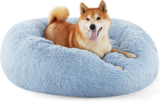 Bedsure Calming Dog Bed for Medium Dogs - Donut Washable Medium Pet Bed, Anti-Slip Round Fluffy Plush Faux Fur Cat Bed, Fits up to 45 lbs Pets, Light Blue, 30 inches