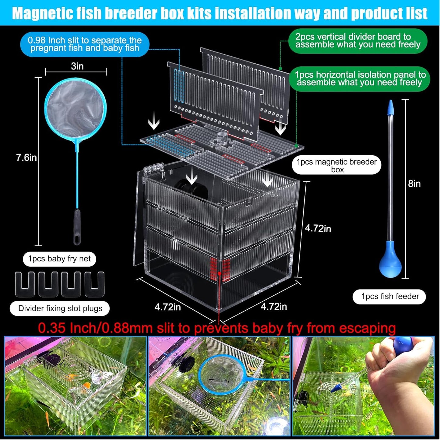 Magnetic Breeder Box for Tank Isolation Box Acclimation Hatchery Fish breeding Incubator with 3 Divider for Guppy Baby Betta Saltwater Anemones or Injured Fish（Sealed Bottom Version）