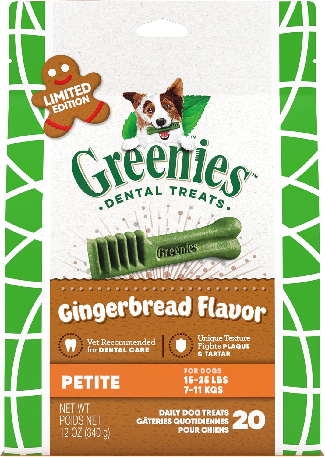 Greenies Petite Dental Dog Treats, Gingerbread Flavor, Limited Edition, 12 oz. Pack (20 Treats)
