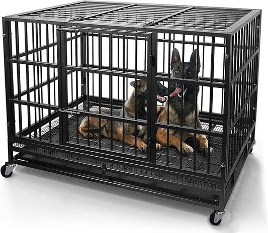 Oranland 48/38 Inch Heavy Duty Indestructible Dog Crate Cage Kennel with Wheels, High Anxiety Dog Kennel, Sturdy Locks, Double Door and Removable Tray Design, Extra Large XL Dog Crate.
