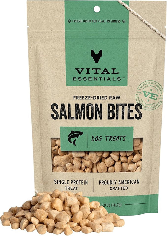 Vital Essentials Salmon Bites Dog Treats, 5 oz | Freeze-Dried Raw | Single Protein | Premium Quality High Protein Training Treats | Grain Free, Gluten Free, Filler Free