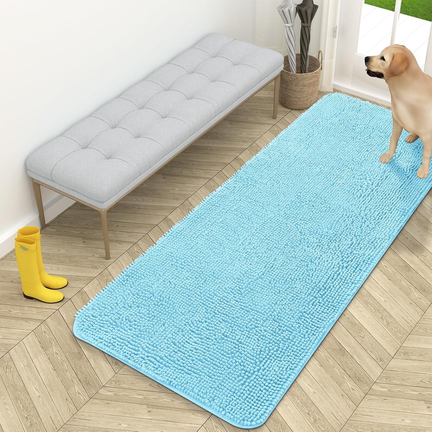 OLANLY Dog Door Mat for Muddy Paws 59x24, Absorbs Moisture and Dirt, Absorbent Non-Slip Washable Doormat, Quick Dry Chenille Mud Mat for Dogs, Entry Indoor Entryway Carpet for Inside Floor, Blue