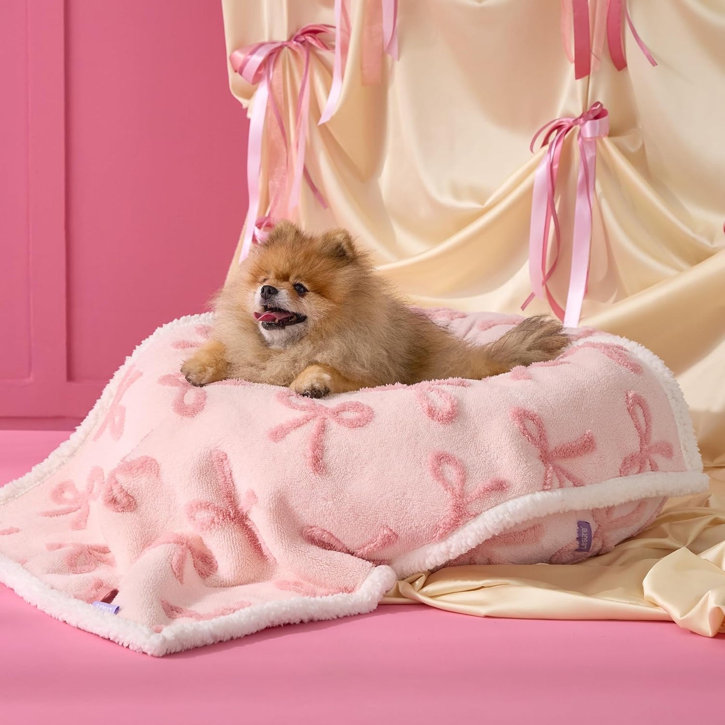 Lesure Waterproof Puppy Blanket for Small Dogs - Washable Double Sided Dog Blankets with Warm Jacquard Shag and Soft Sherpa Fleece, Pet Cat Blanket for Couch Protection, Bow Design，Pink Taffy