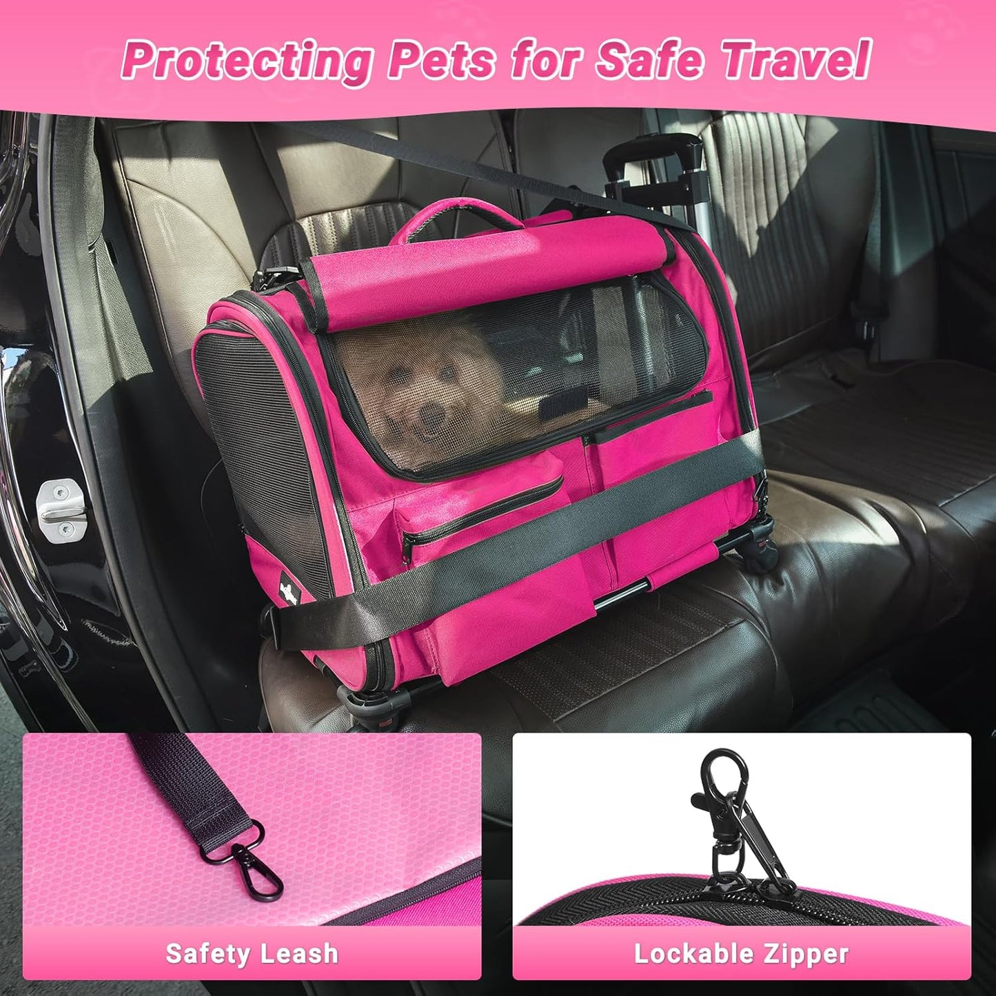 Large Pet Carrier with Wheels, Foldable Rolling Dog Carrier with Big Pocket, Cat Rolling Bag 21"x13"x13"for 2 Cats &Dogs, Use for Travel, Outdoor, Vet Visits, Camping, Indoor. Pink