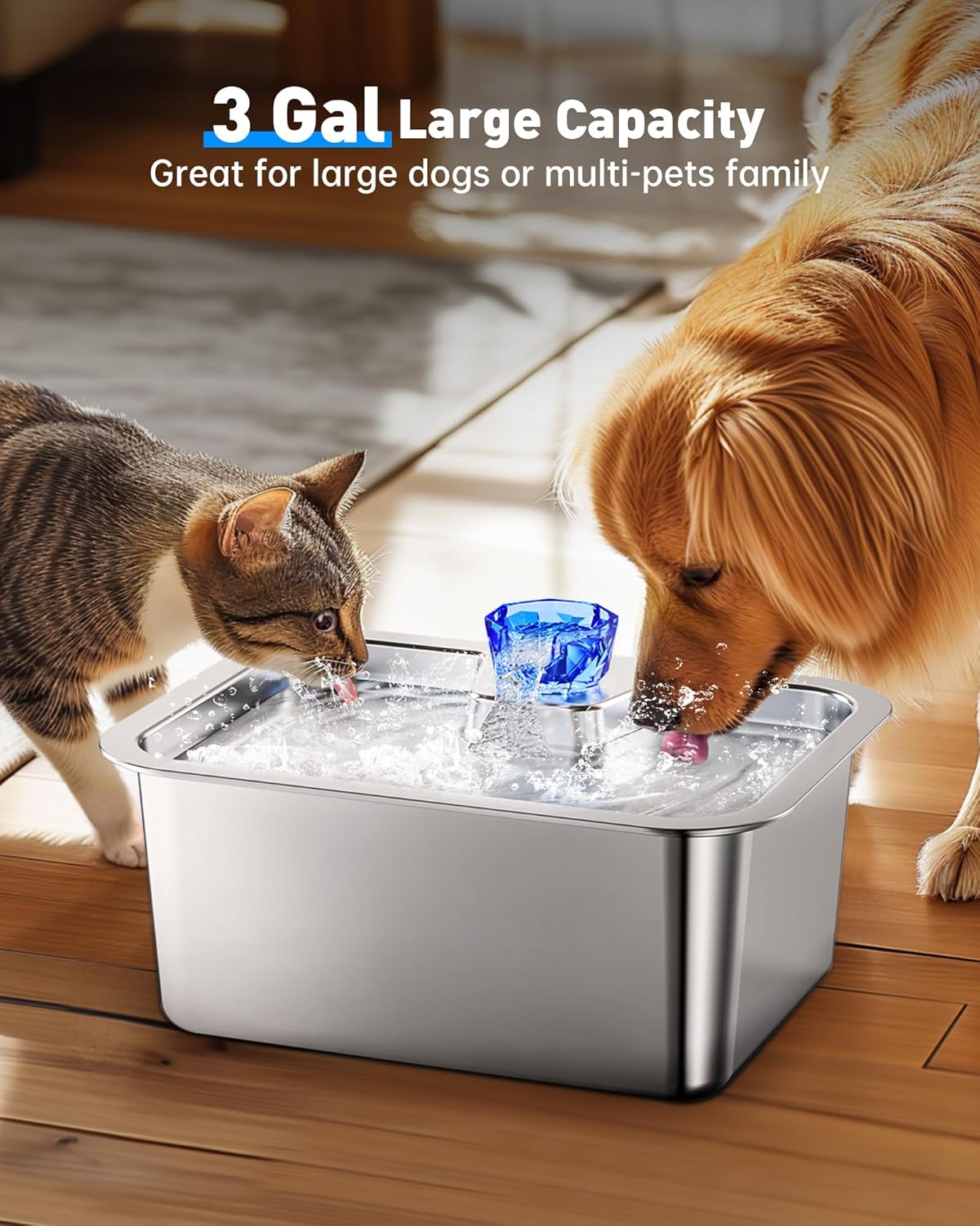 Stainless Steel Dog Water Fountain, 3 Gallon Extra Large Pet Drinking Fountain for Large Dogs & Multi-pet, Automatic Dog Water Bowl Dispenser with 2 Filters, Wide Drinking Area, Easy to Clean