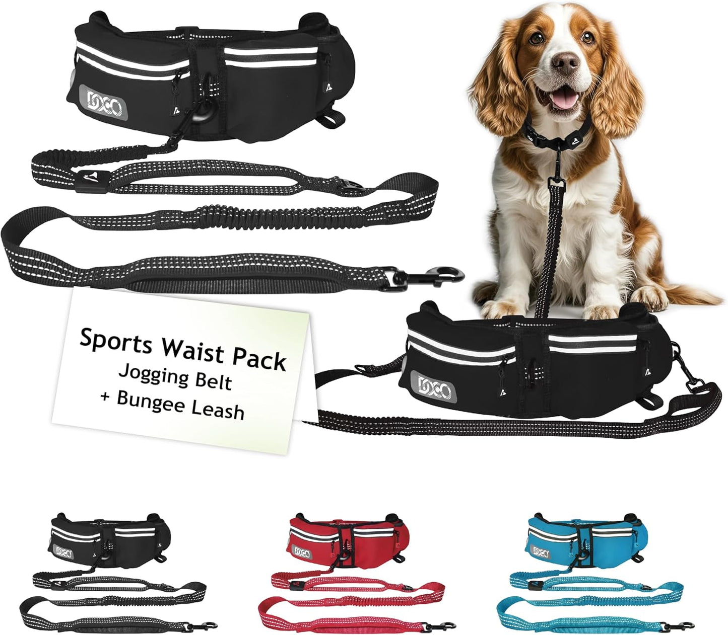 DOCO Hands Free Dog Leash (Waist 26”- 48”, Leash- 1”x 5ft) Waist Belt for Walking, Running, Training & Hiking, Bungee with Dual Handles, Adjustable Fit, Reflective Safety Design for Large Dogs (Black)