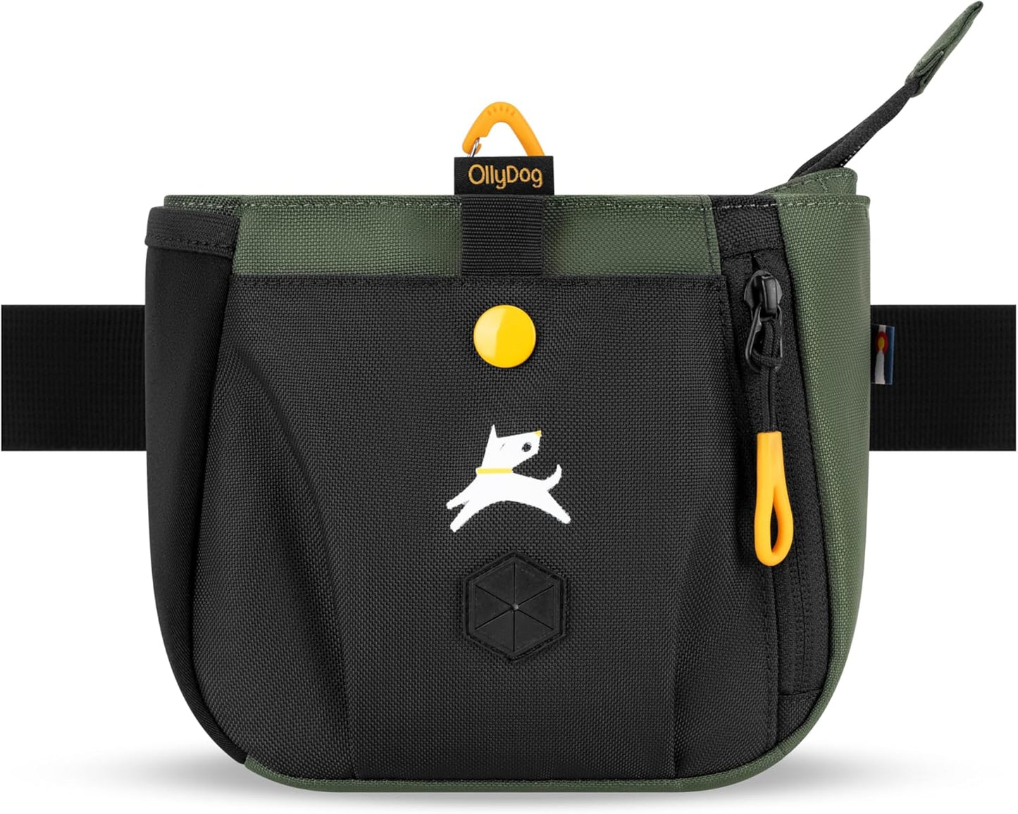 OllyDog Backcountry Day Bag | Hands-Free Dog Training Treat Pouch | Fanny/Hip Pack with Zipper Closure & Built-in Poop Bag Dispenser | Removable Waist Clip (Winter Moss)