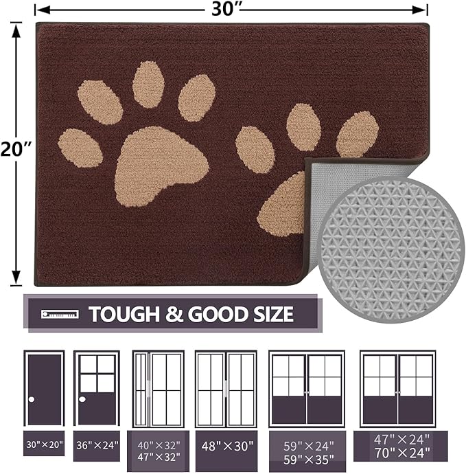 Buganda Dog Door Mat for Muddy Paws, Absorbent Dirt Trapper Washable Indoor Doormats, Non Slip Low-Profile Mud Mat for Dogs, Front Entrance Doormat for Inside Floor (48x30 Inches, Brown)