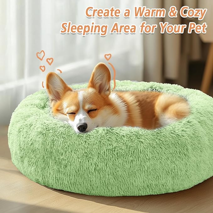 JOLLYVOGUE Calming Dog & Cat Bed for Large Dogs, Anti-Anxiety Donut Cuddler Cozy Soft Round Bed with Anti-Slip Bottom, Fluffy Faux Fur Plush Cushion Beds for Medium Dogs (36")