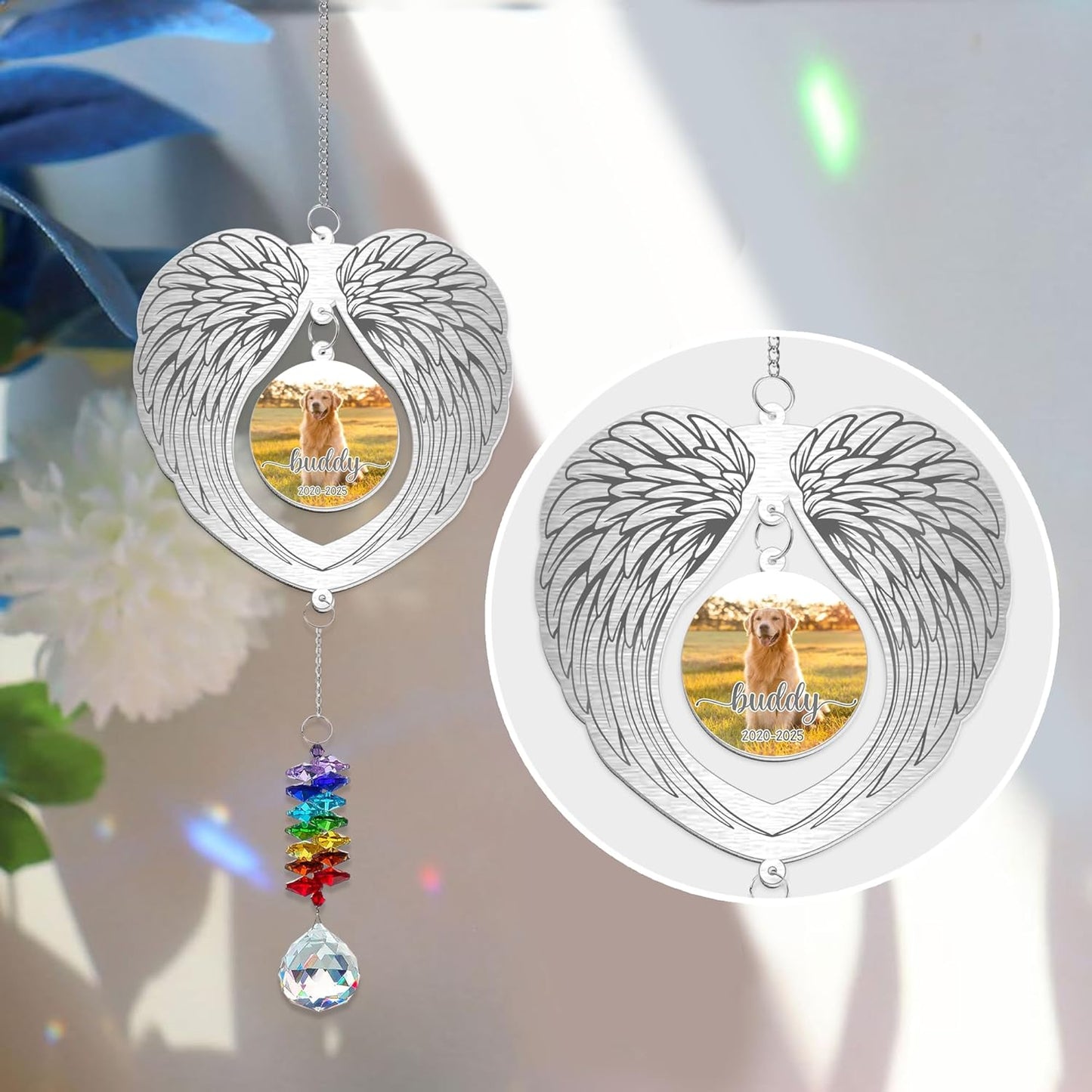 Personalized Dog Memorial Suncatcher, Pet Loss Ornament for Dog Owner - Angel Wings Frame with Custom Photo & Years - Rainbow Crystal Remembrance Gift for Christmas