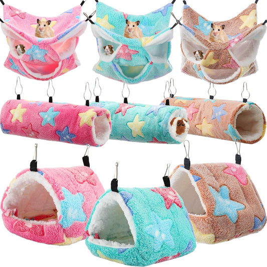 Abbylike 9 Pieces Rat Hammock 3 Tier Guinea Pig Ferret Hammocks Small Pet Hanging Tunnel Glider Toy Guinea Pig Ferret Hideout Bed Cage Accessories for Hamster (Green, Pink, Brown,Stars)