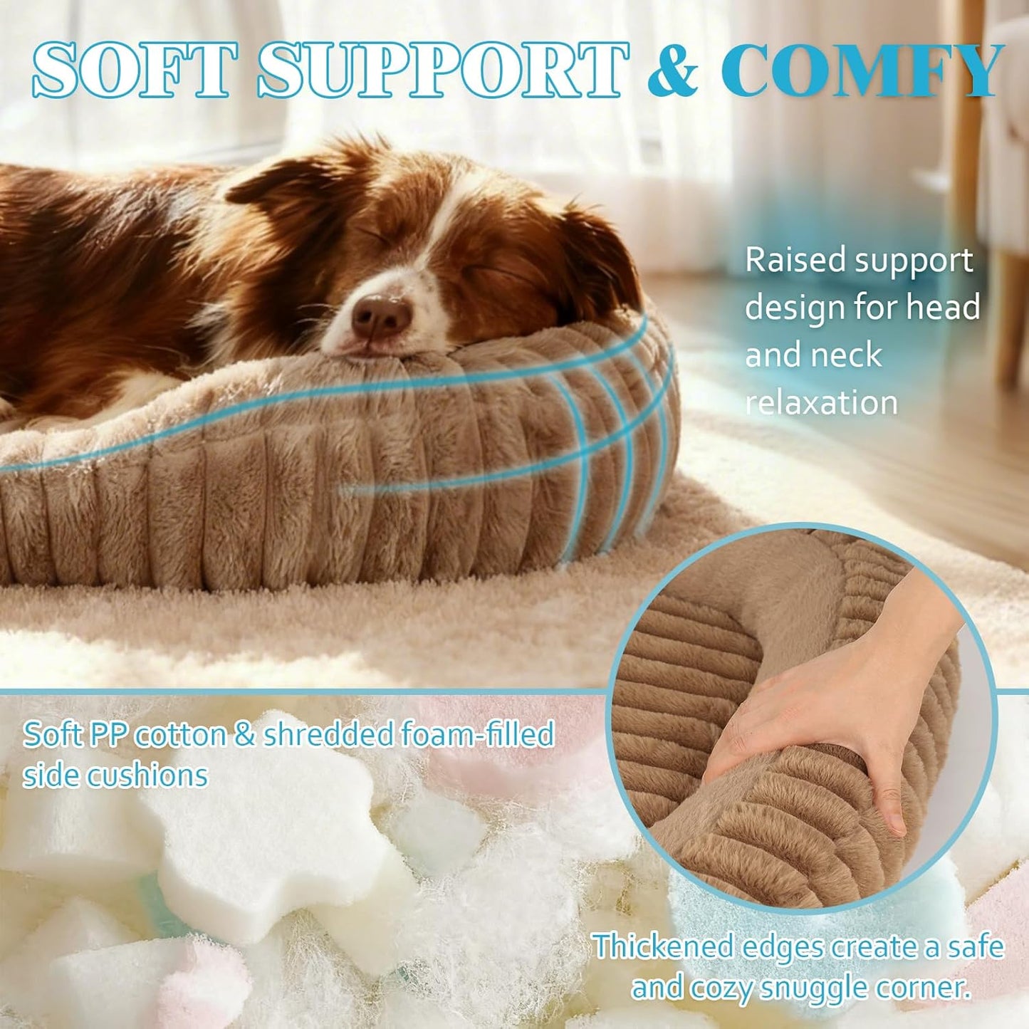 Cute Washable Dog Bed for Small Dogs -Soft Furry Calming Puppy & Cat Bed, Rectangle Bolster Anti-Anxiety Puppy Bed with Handle, Durable Removable Cover & Anti-Slip Bottom, 25in, Brown