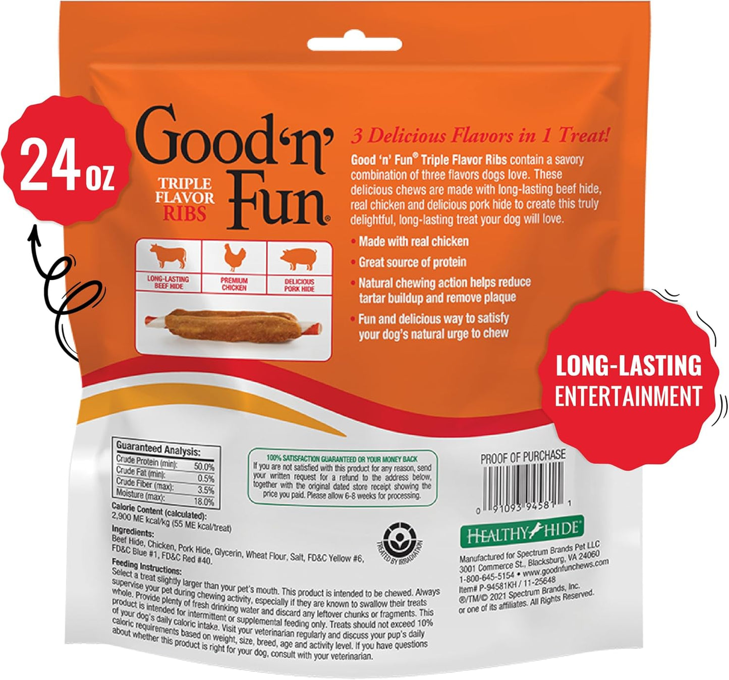 Good 'n' Fun Triple Flavor Ribs Chews for All Dogs, 24 Ounces, Treat Your Dog to Long-Lasting Chews Made with Beef Hide, Chicken and Pork Hide