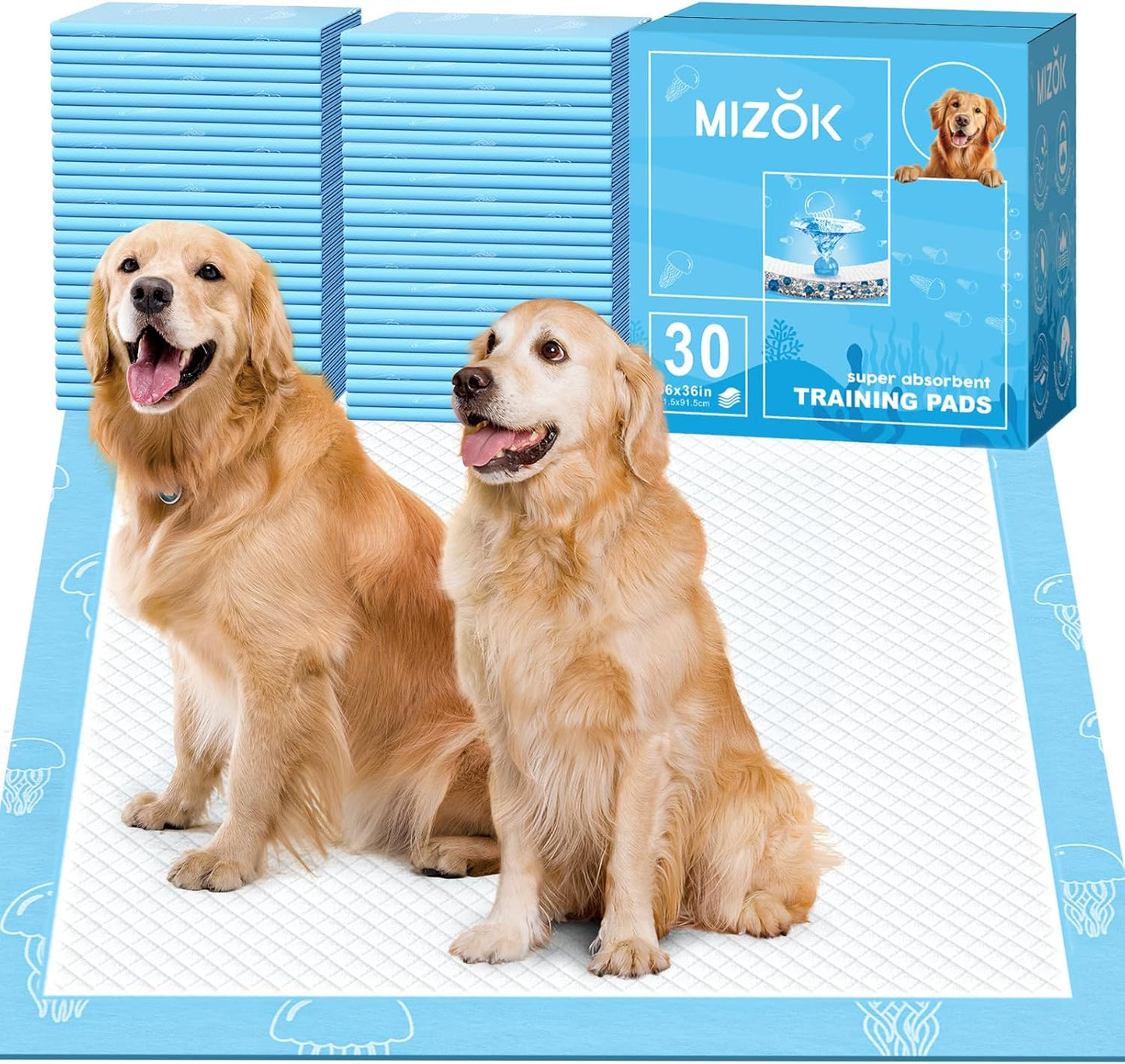 MIZOK 36x36in Dog Pee Pads Jumbo Disposable Dog Training Pads Super Absorbent Up to 11 Cups Marine Scented Odor-Control Dog Pads with Jellyfish Pattern, Quick Dry & Leak-Proof (30 Counts)