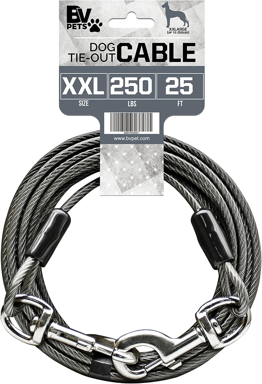 BV Dog Tie Out Cable 25 Feet - Heavy Duty Dog Lead Up to 250 Pounds - Reflective & Rust-Free with Quick Release Swivel Clips & 360° Rotating Clasp - Tangle-Free Dogs Runner for Yard (Grey, Single)