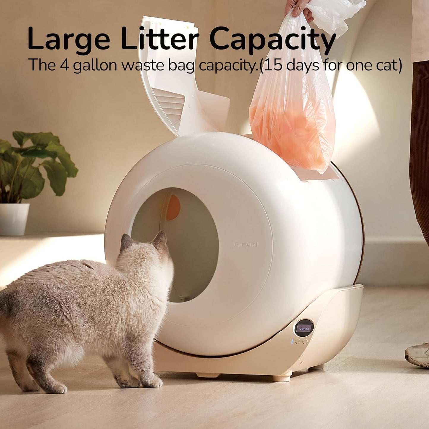 FurryTail Self Cleaning Litter Box with APP - Automatic Cat Litter Box for All Your Cats, Odor Control, Spacious Interior and Large Wastes Bin Capacity,Includes 40 Litter Bags