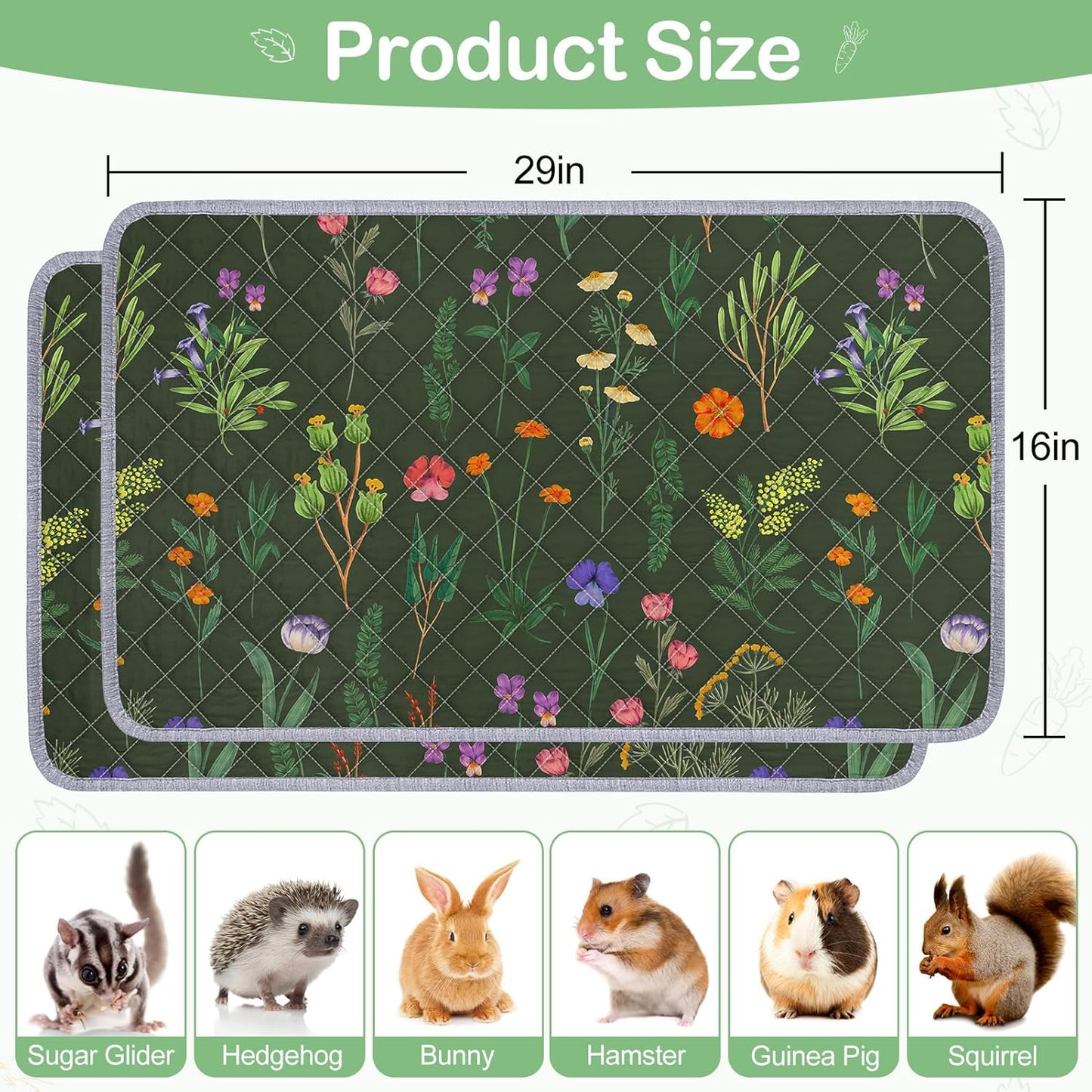 Bienbee Guinea Pig Bedding, 2 Pack 29" x 16" Reusable Guinea Pig Cage Liner Waterproof and Absorbent Small Animal Bedding Washable Guinea Pig Pee Pads for Small Pet Hamster Rabbit Squirrel,Green