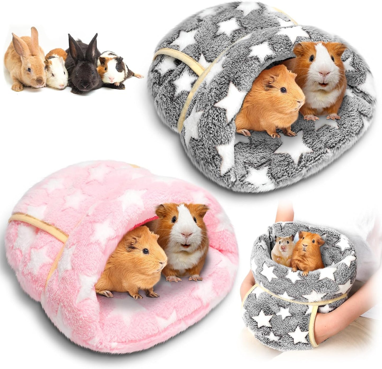 Wenqik 2 Pcs Guinea Pig Hideouts Washable Bunny Bedding Cuddle Warm Small Pet Sack Supplies Portable Pet Carrier Cage Nest Guinea Pig Accessories for Cage(Gray, Light Pink,Pentagram)