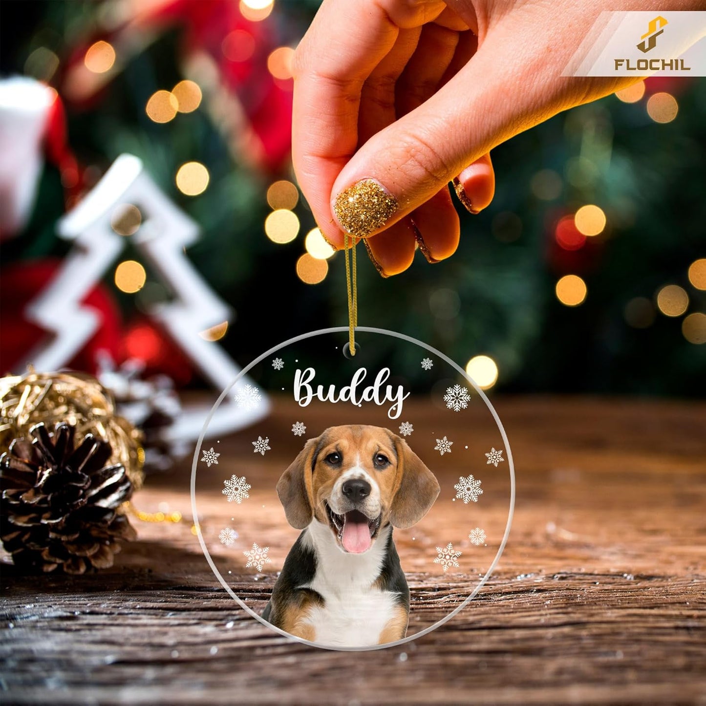 FLOCHIL Personalized Dog Christmas Ornaments, Custom Photo Name for Christmas Trees, Dog First Christmas Ornaments, Best Gifts for Pet Lovers Acrylic Ornament