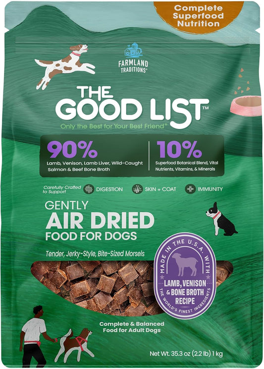 Farmland Traditions The Good List Air-Dried Dog Food, Premium Lamb, Venison, & Bone Broth for Dogs, Protein Rich & Grain-Free Nutrition, 2.2 Pound Bag