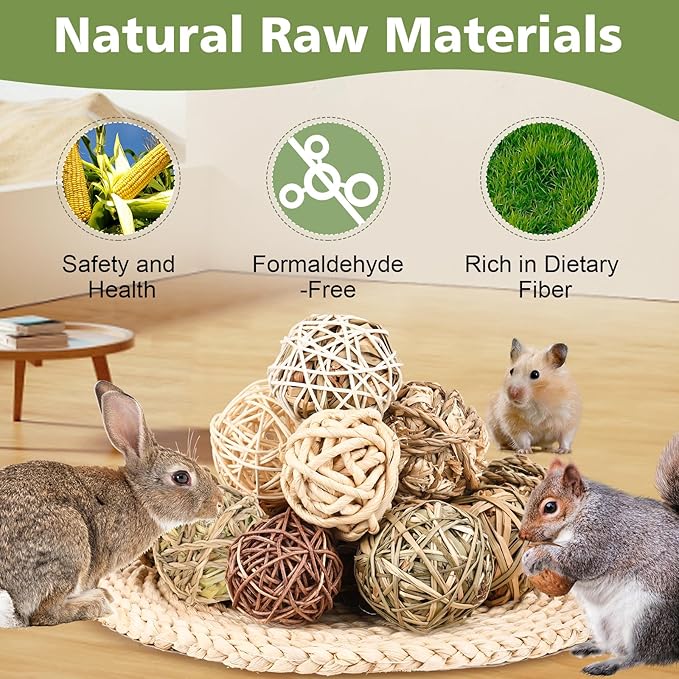 Bunny Chew Grass Balls, Rolling Chew Toys for Small Animals, Improving Dental Health, Natural Chew Grass Toys for Rabbits, Guinea Pigs, Chinchillas, Hamsters, Mice (16 Pcs)