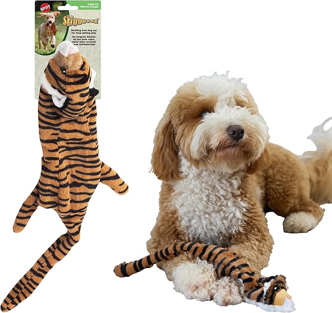 SPOT Skinneeez Jungle Cat 14 Inch Stuffing-Free Plush Squeaky Dog Toy – Soft Interactive Chew Toy for Small and Medium Dogs – Mess-Free Play for Light & Moderate Chewers