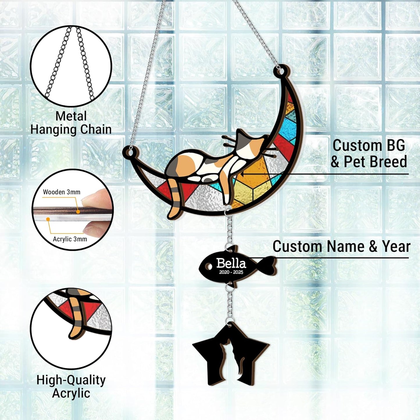 Custom Stained Glass Sleeping Cat Suncatcher |Cat Loss Sympathy Gift | Customized Pet Memorial Suncatcher with Charms | Custom Pet Memorial Gifts| Best Gifts for Your Beloved Cats Passed Away