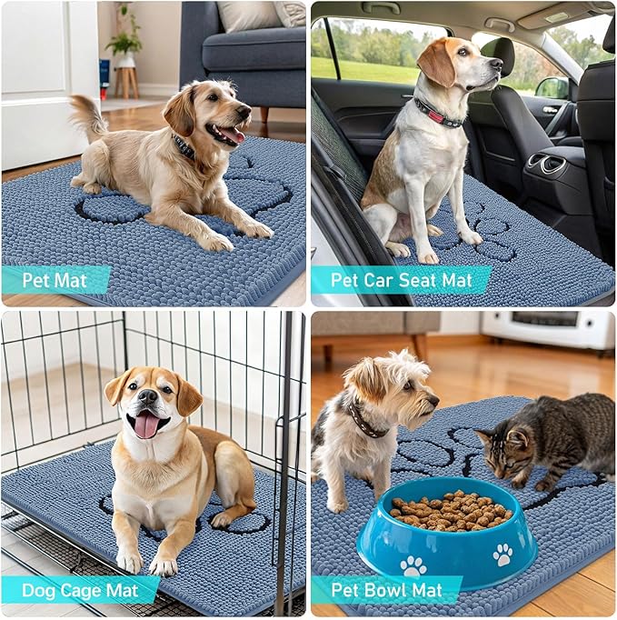 OLANLY Door Mat for Muddy Dog Paws 30x20, Absorbent Chenille Doormat with Paw Print Design, Non-Slip Washable Doormat for Indoor Entryway, Quick-Dry Pet Bed Mats for Dirty Dogs, Airy Blue and Black