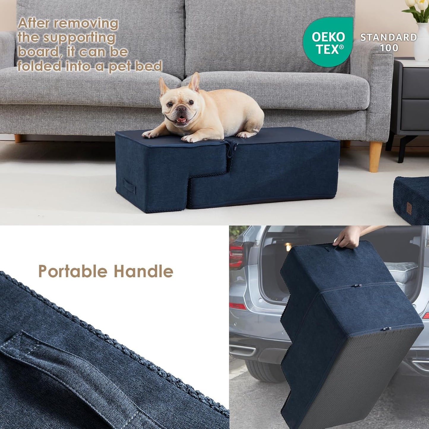 EHEYCIGA Dog Stairs for Bed 18" H, 4-Step Dog Steps for High Bed, Pet Steps for Small Dogs and Cats, Non-Slip Balanced Pet Ramp Indoor, Navy Blue