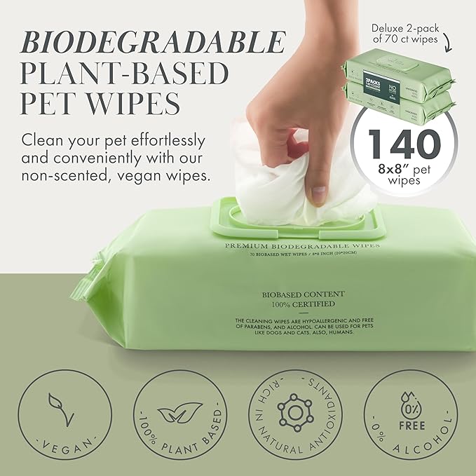 Dog Wipes – Fragrance-Free, Alcohol-Free, Hypoallergenic Pet Grooming Wipes with Aloe Vera, Biodegradable, for Dogs & Cats: Paws, Face, Ears & Butt – 2-Pack (140 Count)