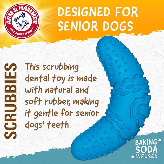 Arm & Hammer for Pets Scrubbies Boomerang Chew Toy for Senior Dogs Infused with Baking Soda - Durable Teething Toy with Unique Shape for Fetch & Chew - Interactive Dental Chew Toy for Puppies