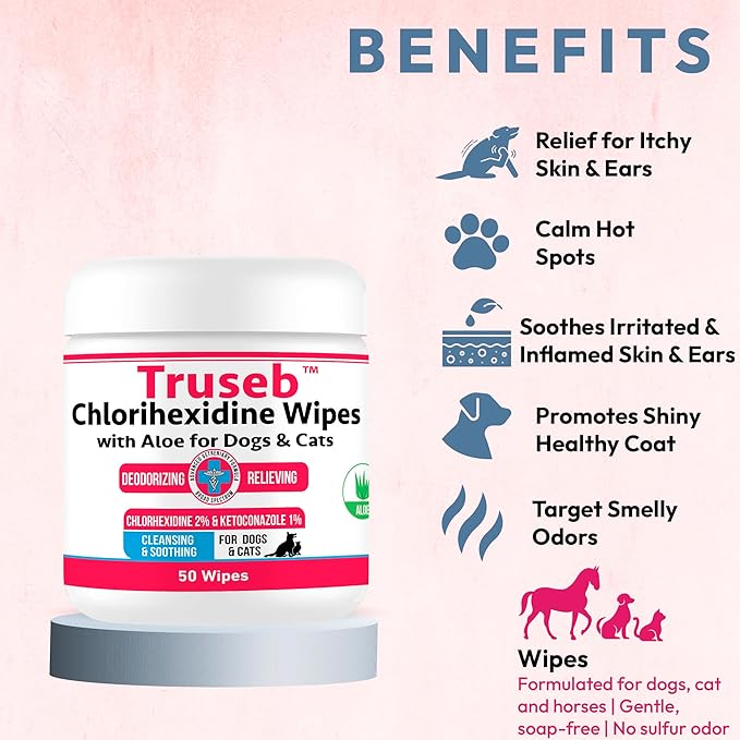 Truseb Topical Ketoconazole and Chlorhexidine Wipes for Dogs, Cats and Horses - with Aloe for Cleansing - 50 Count (Ketoconazole & Chlorhexidine Wipes, 50 Count)