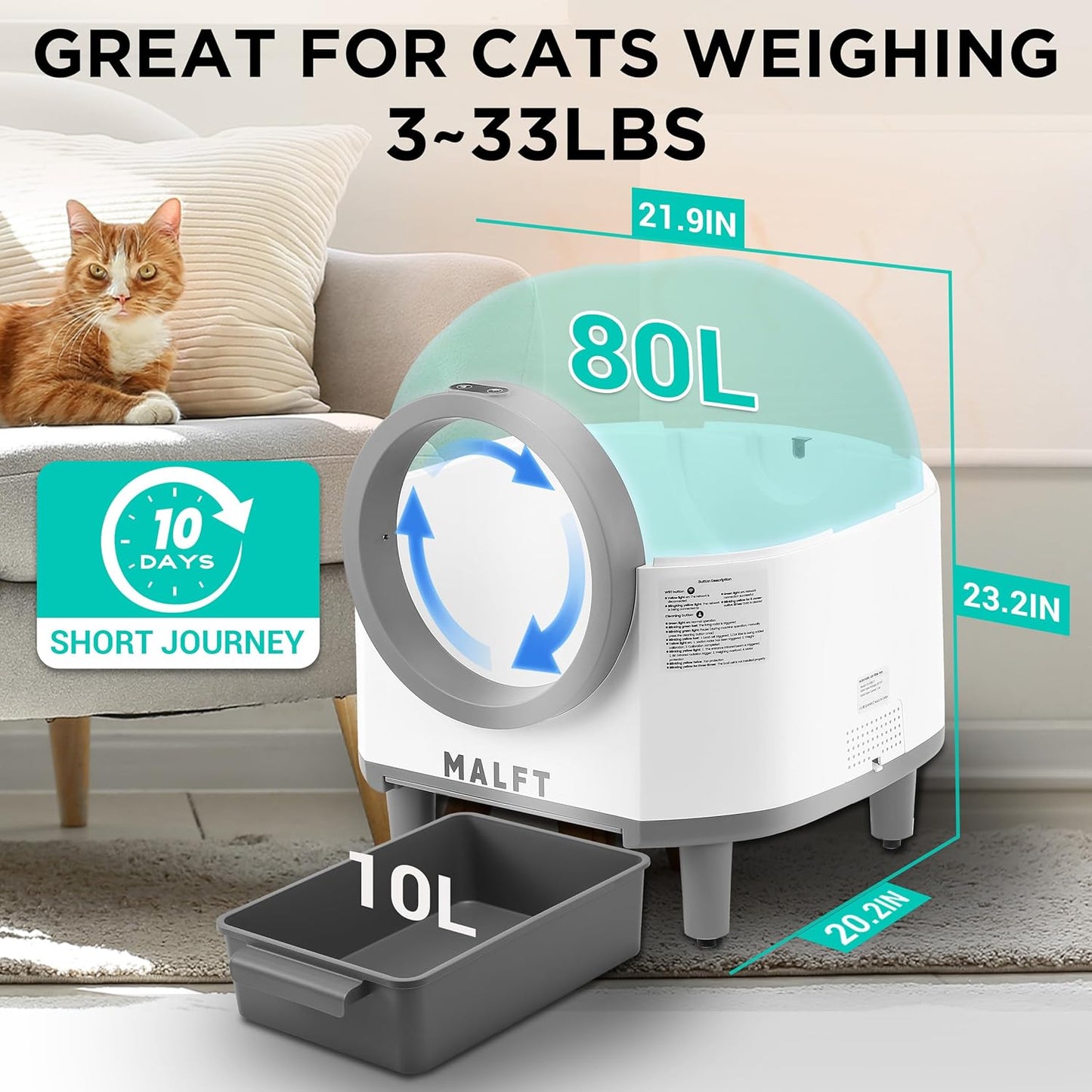 90L Self-Cleaning Litter Box – WiFi Connected Automatic Cat Litter Box, Silent Night Mode, Child & Pet Safe, Works for Multiple Cats (Comes with Anti-Slip Mat & Waste Bags)