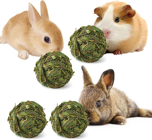 Hamiledyi 4 Pcs Rabbit Chew Ball Timothy Grass Ball Small Animal Activity Play Chew Toys Teeth Grinding for Bunny Rabbits Hamster Guinea Pigs Gerbils Chinchillas