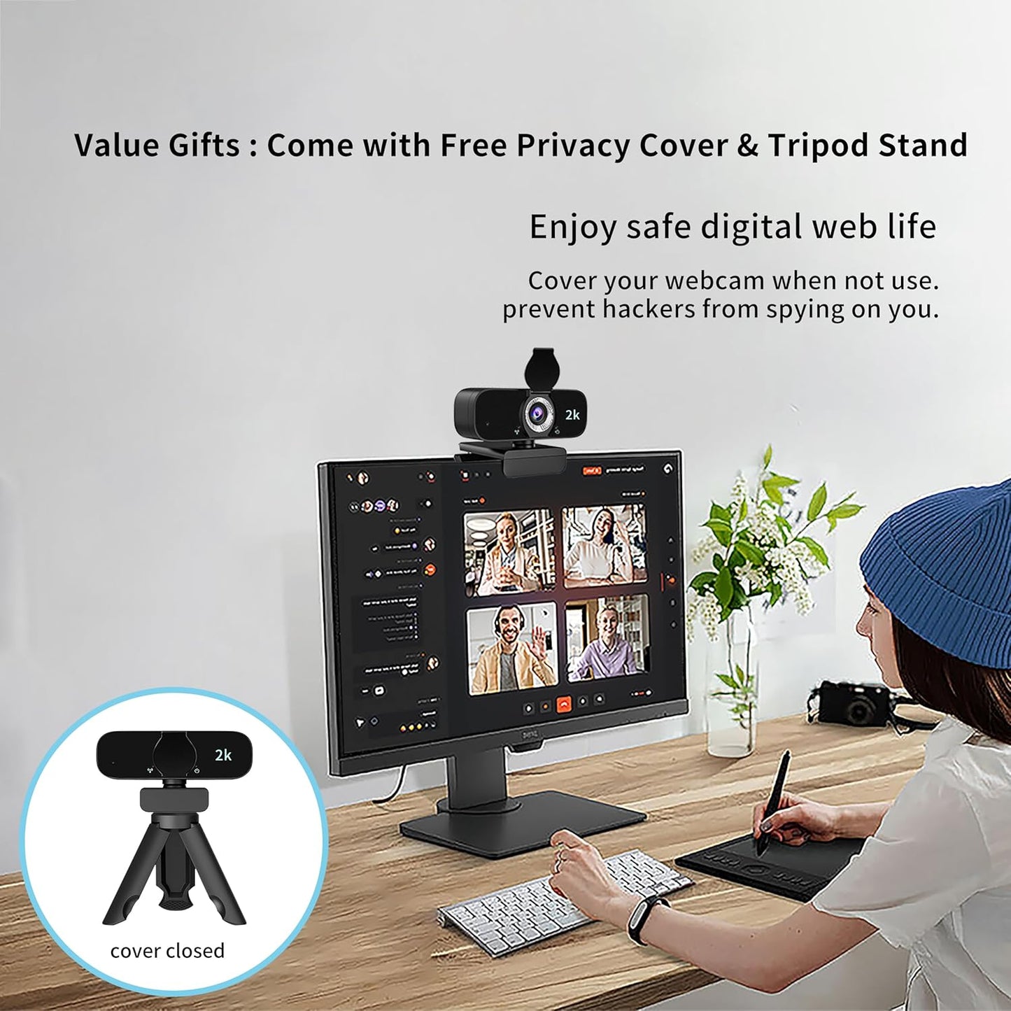 Full HD 2K External Video Camera for Computer/Laptop/Desktop/PC, Web Cam with Microphone, USB Plug&Play, Auto Low Light Correction, Privacy Cover, Tripod, Wide Angle for Meeting/Online Video/Zoom