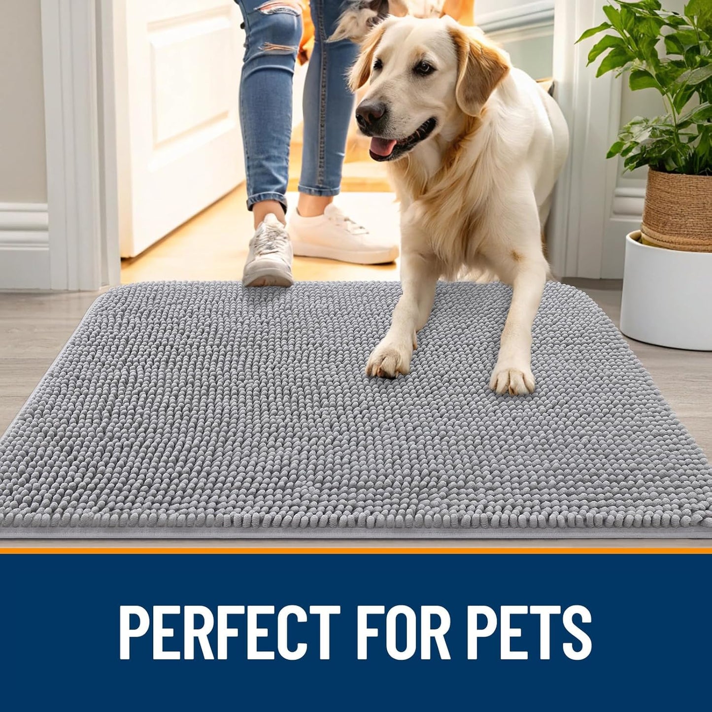 OLANLY Dog Door Mat for Muddy Paws 48x30, Absorbs Moisture and Dirt, Absorbent Non-Slip Washable Doormat, Quick Dry Chenille Mud Mat for Dogs, Entry Indoor Entryway Carpet for Inside Floor, Light Grey