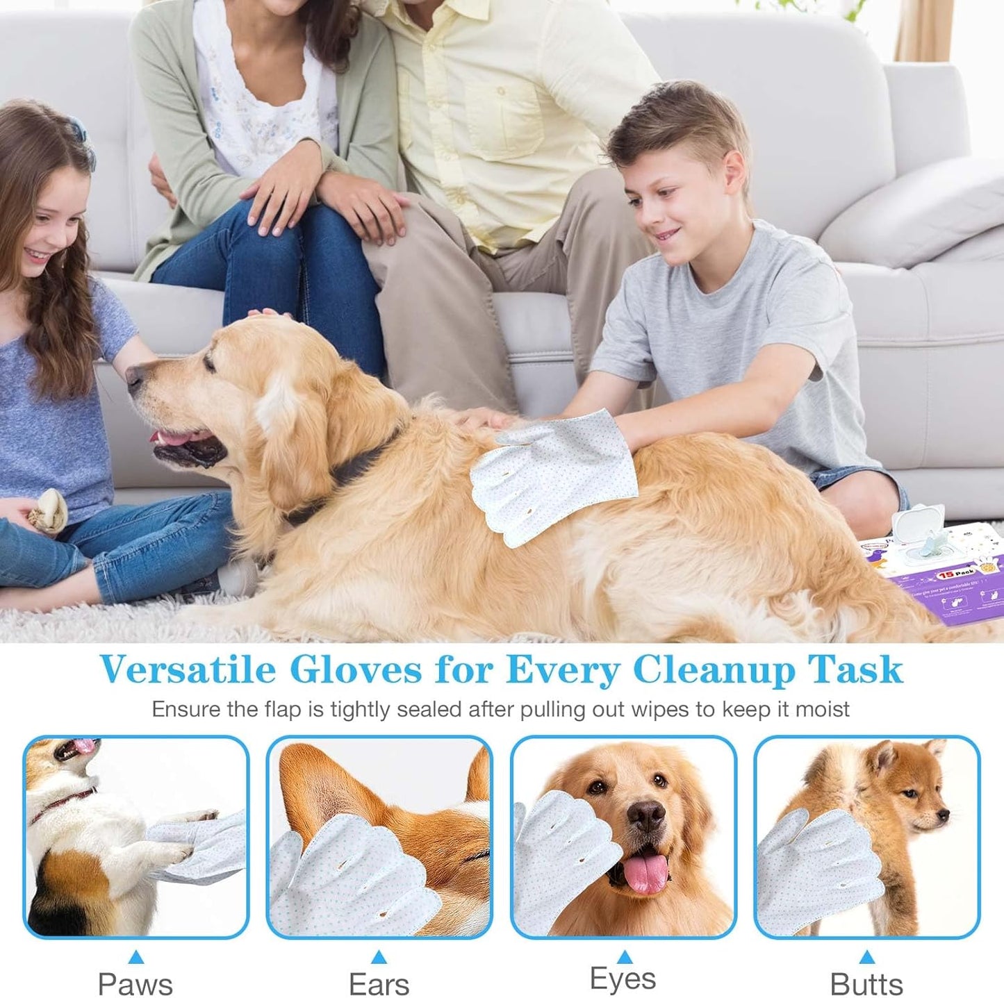 Dog Cleaning Gloves Wipes 15pcs Deodorizing Disposable Pet Grooming Bathing Gloves Extra Thick, No Rinse Shampoo Dry Cleaning Gloves for Dogs & Cats Paw Face Ear Fur and Butt
