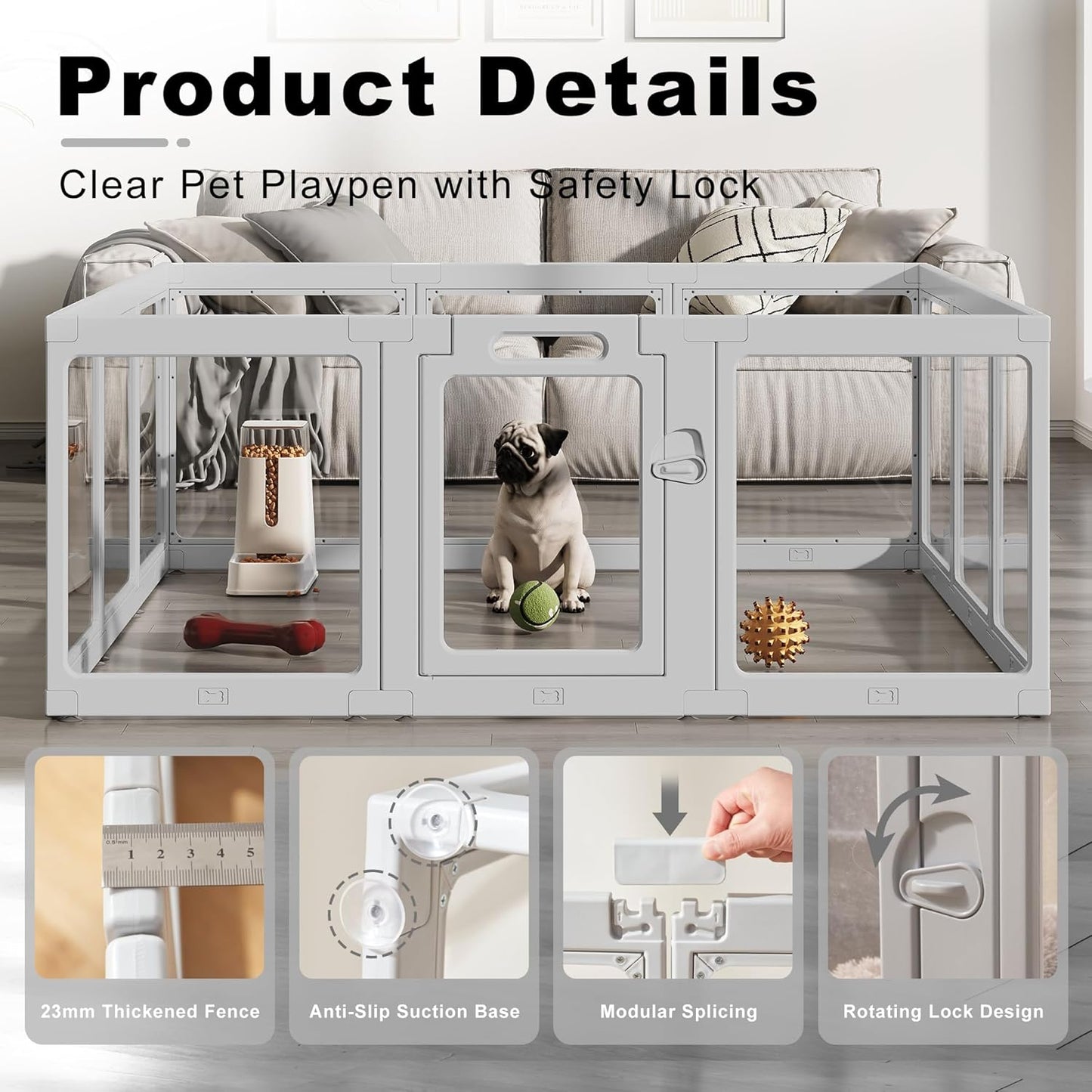 Clear Acrylic Dog Playpen Indoor, Puppy Cat Small Pet Play Pen, Pet Cat Foldable Playpen for Rabbits, Dog Fence Crate Kennel Whelping Cage (Grey, 12 Panel)