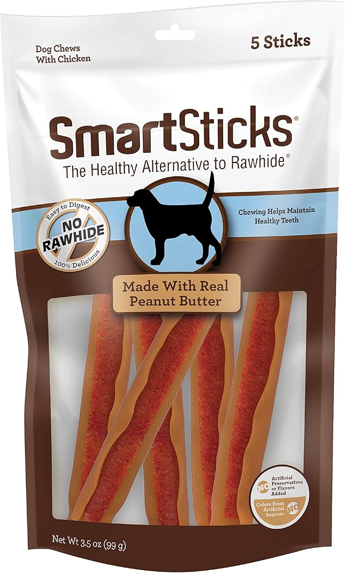 SmartBones SmartSticks, Treat Your Dog to a Rawhide-Free Chew Made With Real Peanut Butter, 5 count