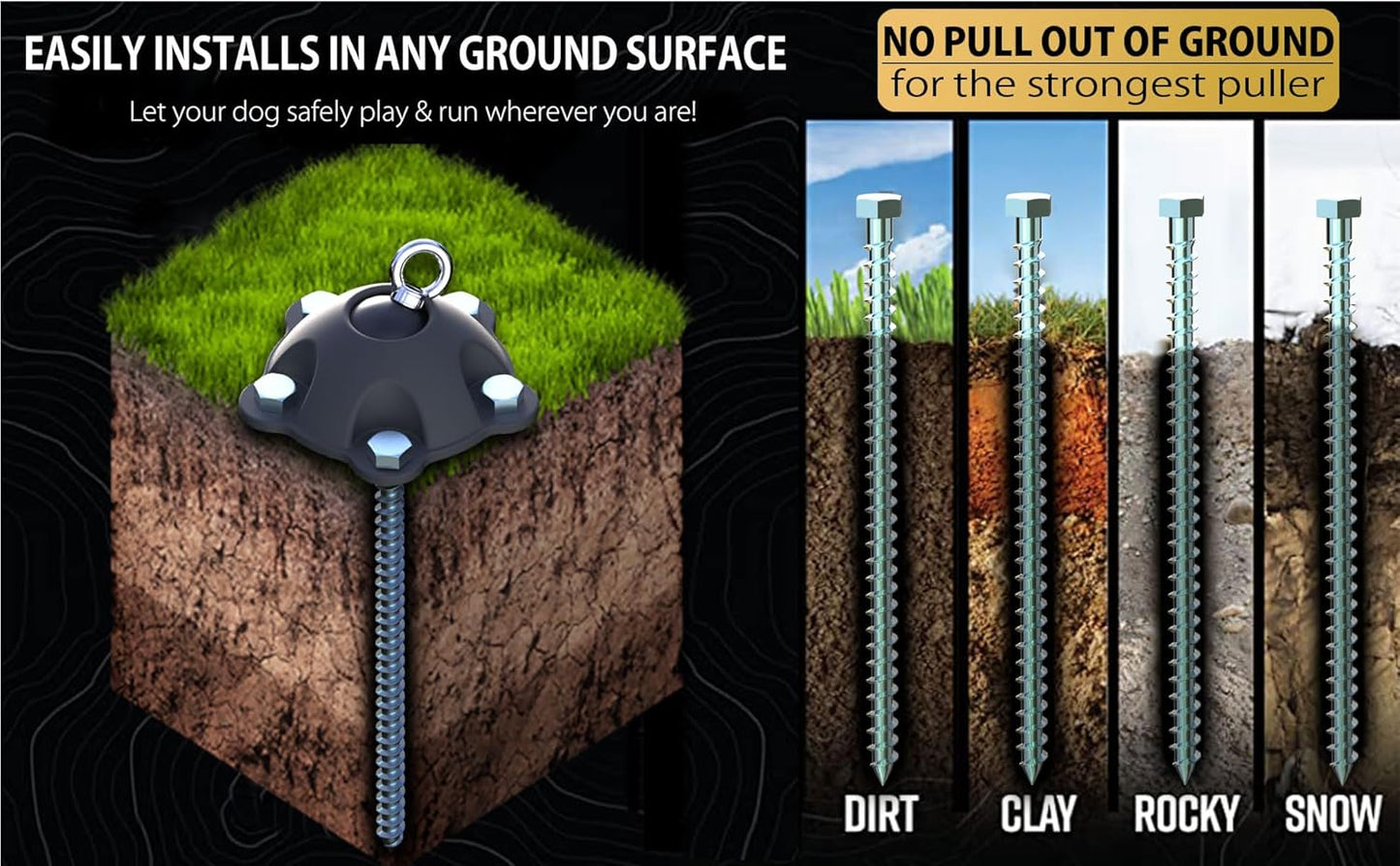 Patented 360° Swivel Dog Tie Out Stake Dog Anchor for Small to Large Dogs Up to 150lbs - Dog Yard Leash Stake with 5 Strong Tether Holds 1000lbs of Pull Force (Stake with 50 Cable)