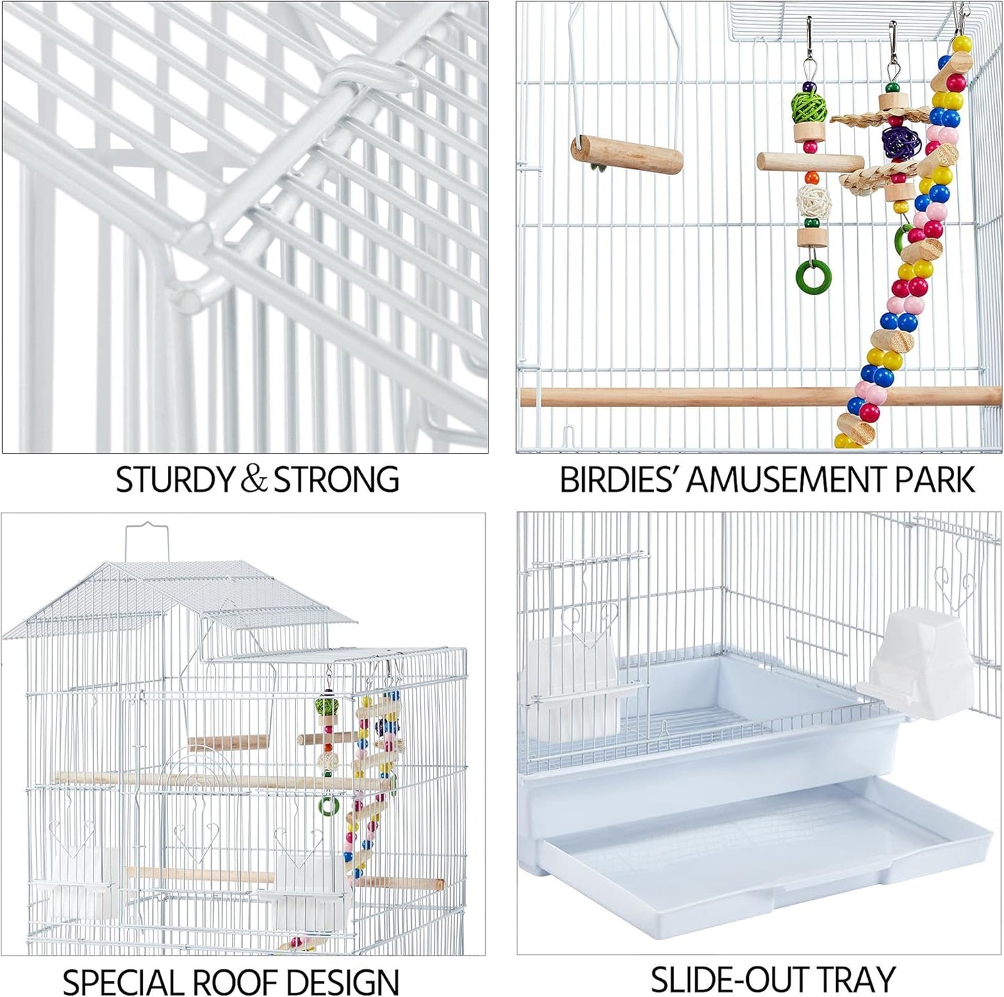 Yaheetech 39-inch Roof Top Medium Parakeet Bird Cages for Cockatiels Conures Finches Budgies Canaries Lovebirds Parakeets Green Cheek Small Birds Parrots, Travel Flight Birdcage w/Toys, White