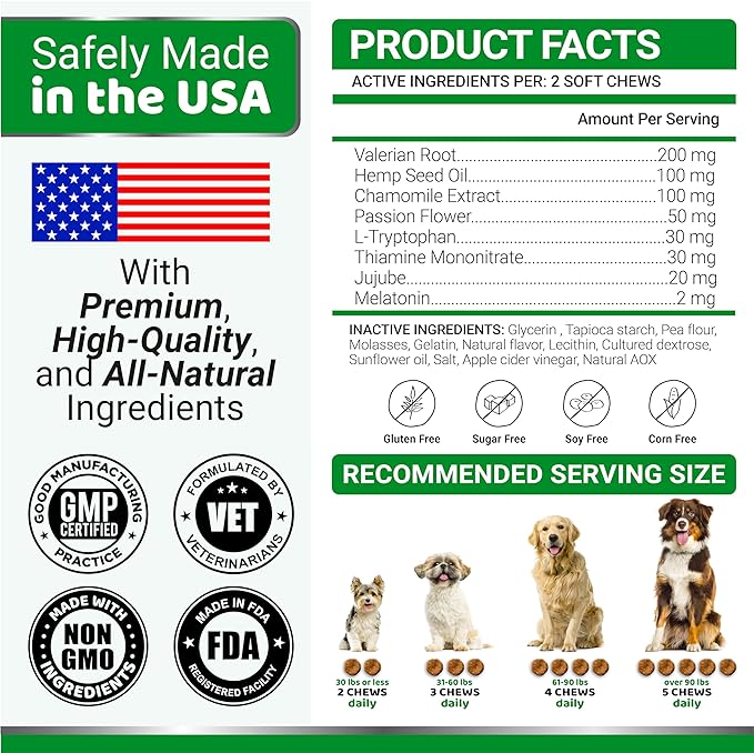 YUMA'S Hemp Calming Chews for Dogs - Advanced Dog Calming Chews - 170 Chews - Anxiety Relief Treats - Separation Aid, Barking, Stress Relief, Thunderstorms - Melatonin - Hemp Oil - Made in USA