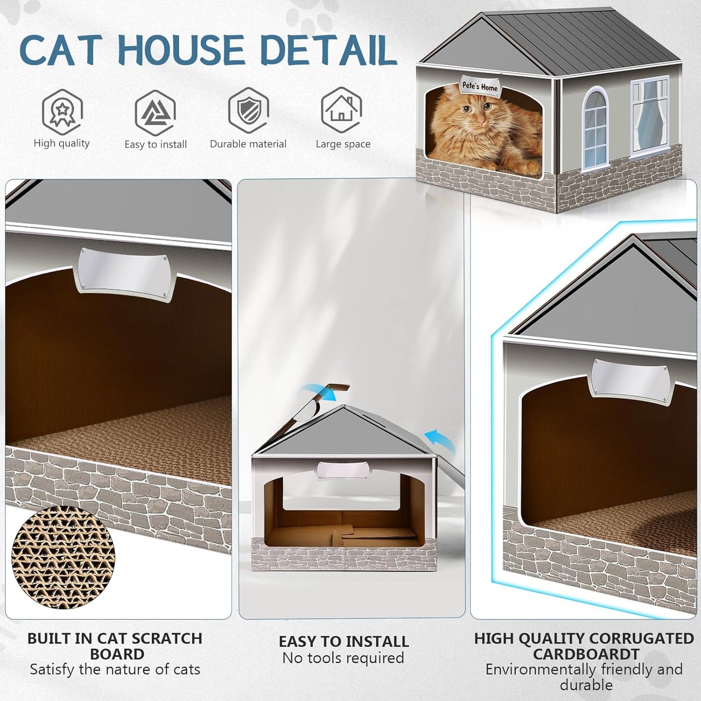 Cardboard Cat House & Scratcher with Catnip - Easy No-Tool Assembly Kitten Playhouse, 13.5x14.5x13 Inch Fun Indoor Cat Scratcher House for Small Cats