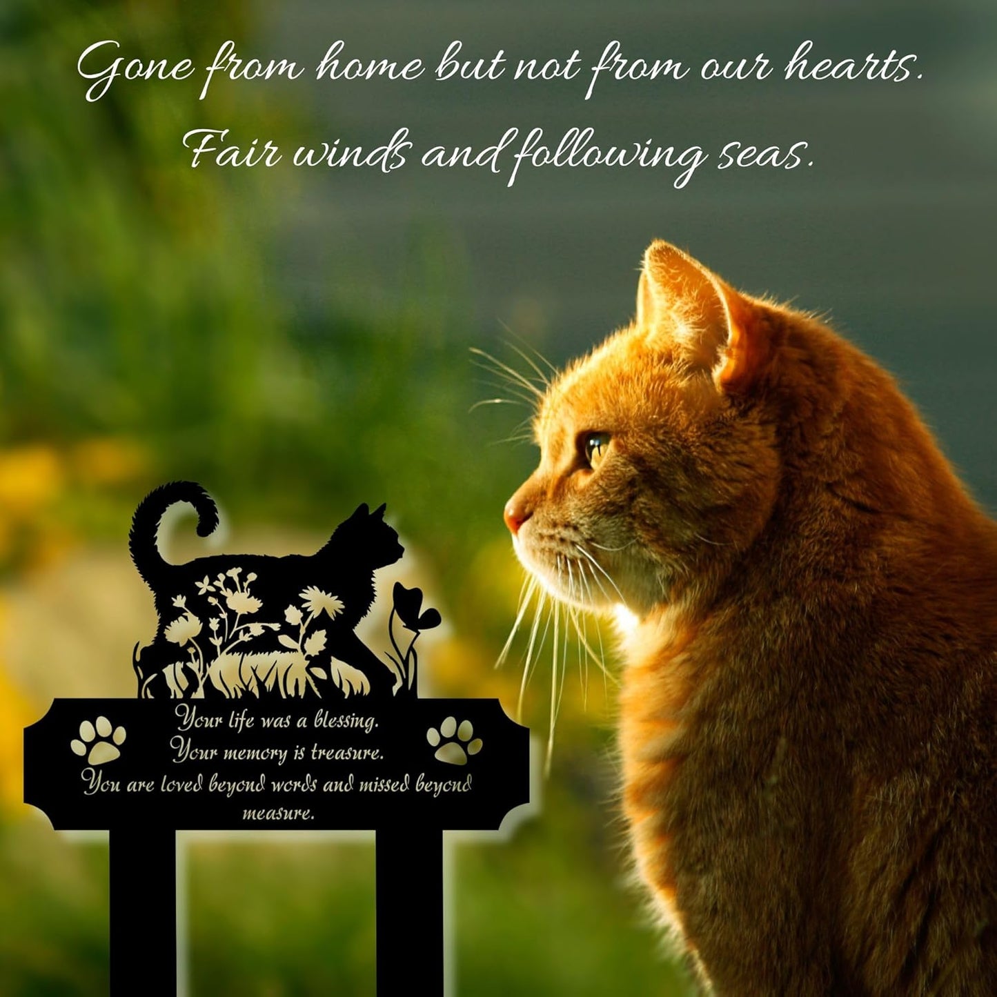 Cat Grave Marker Outdoor Memorial – 12in Metal Pet Memorial Plaque with Garden Cat Silhouette, Weatherproof Headstone for Yard or Indoor Tribute, Sympathy Gift for Loss of Cat