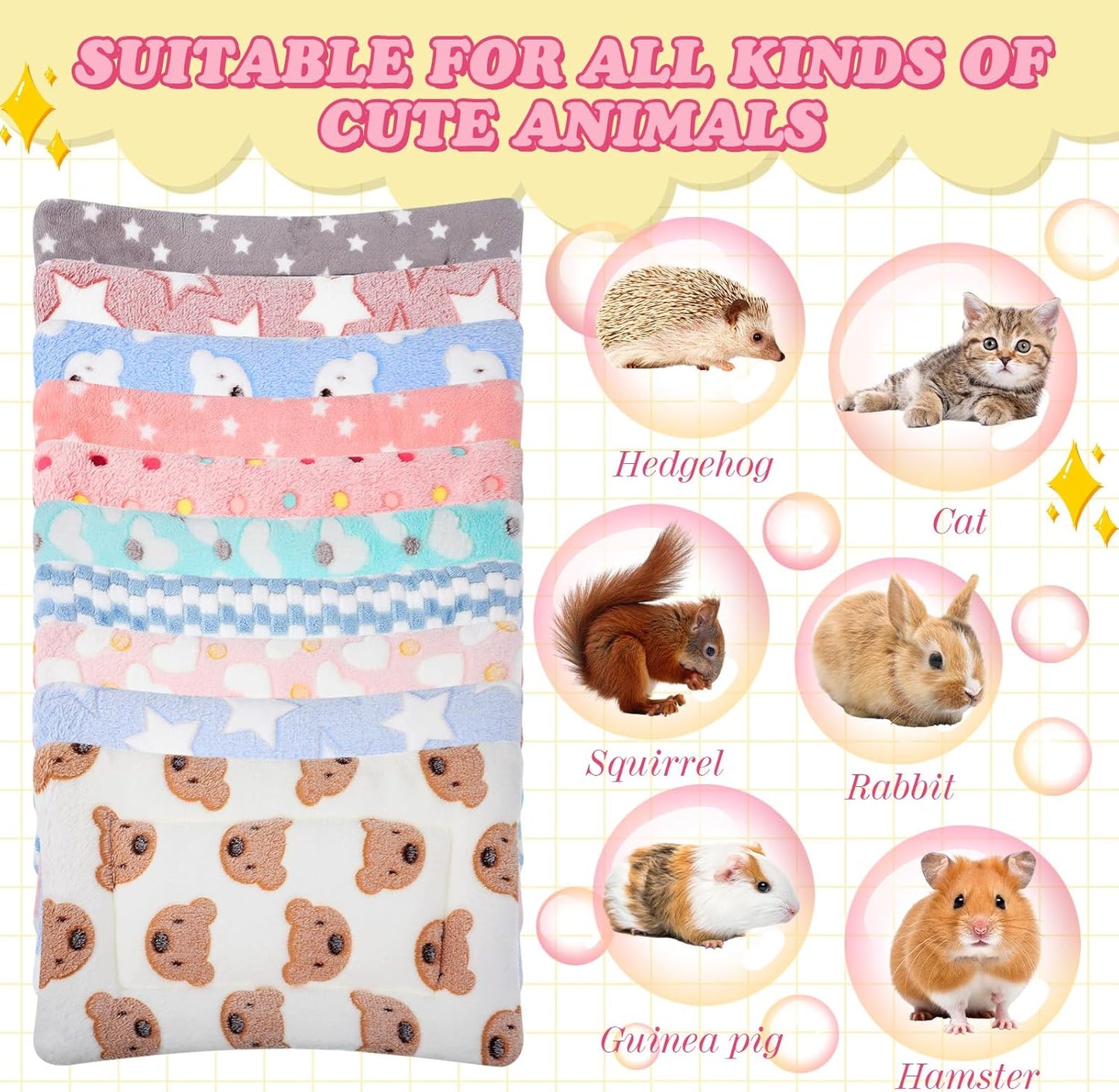 Tudomro 10 Pcs Guinea Pig Bed Mat with Cleaning Dustpan Brush 15" x 11" Animal Bedding Fleece Bunny Sleeping Pad for Small Dogs Cats Rats Hedgehogs Ferrets Hamster Indoor(Heart Bear)