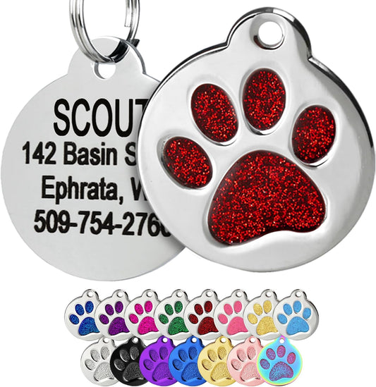 GoTags Paw Print Round Stainless Steel Pet Tag for Dogs and Cats, Personalized with 4 Lines of Custom Engraved ID Name and Number, in Stainless Steel and 15 Colors Small and Large, Glitter Red