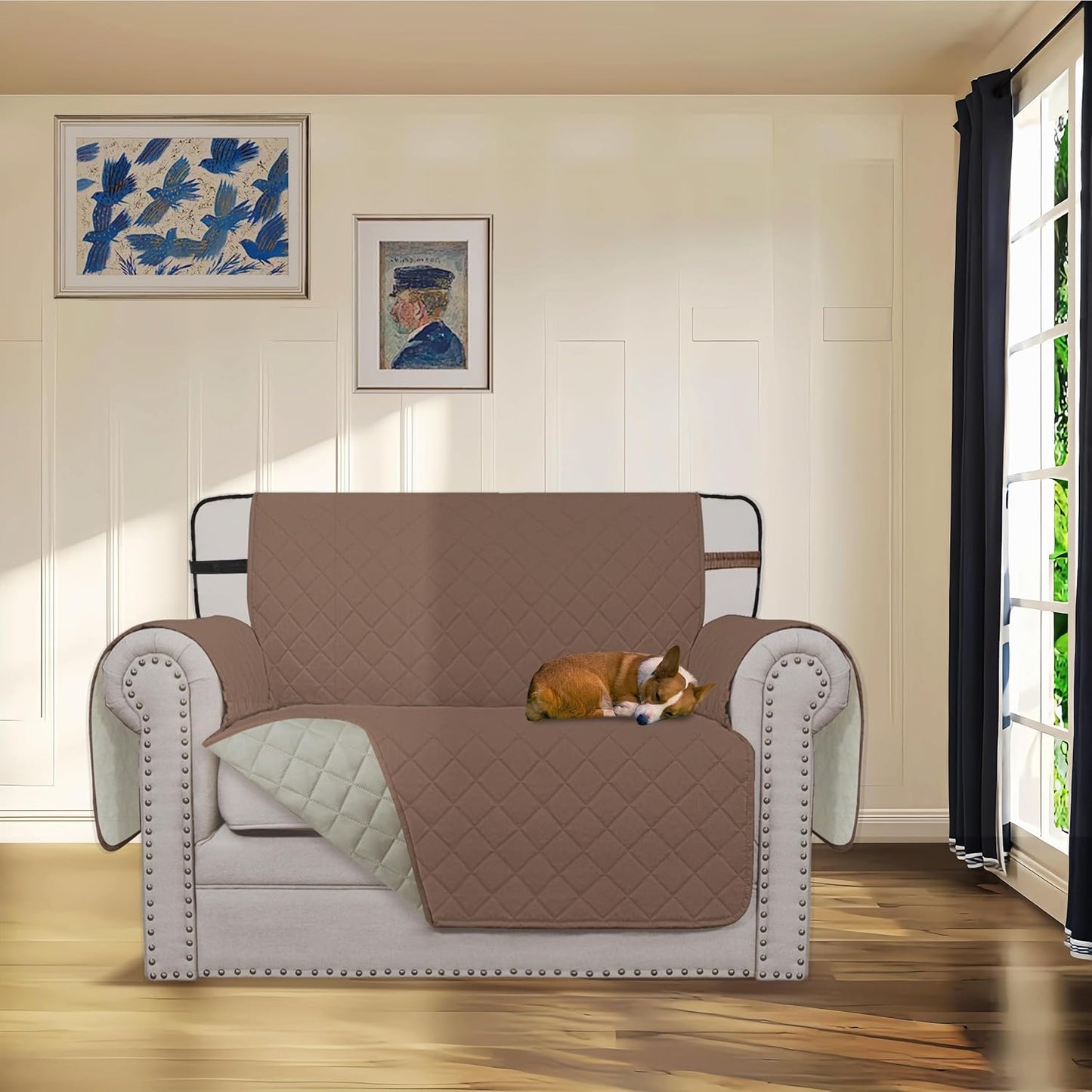 Easy-Going Reversible Chair Cover Washable Sofa Cover for Dogs Water Resistant Couch Slipcover Furniture Protector Cover with Adjustable Straps for Pets (Chair 30 in, Brown/Beige)