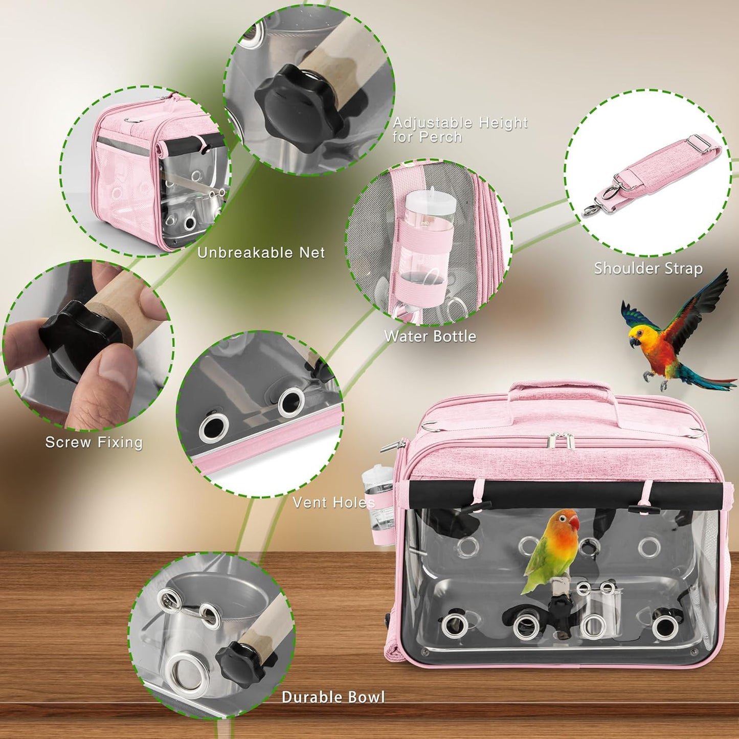 Suertree Bird Carrier Airline Approved, Bird Travel Cage with Indestructible Stainless Steel Mesh, Bird Travel Bag Lightweight and Portable with Water Bottle and Bowl