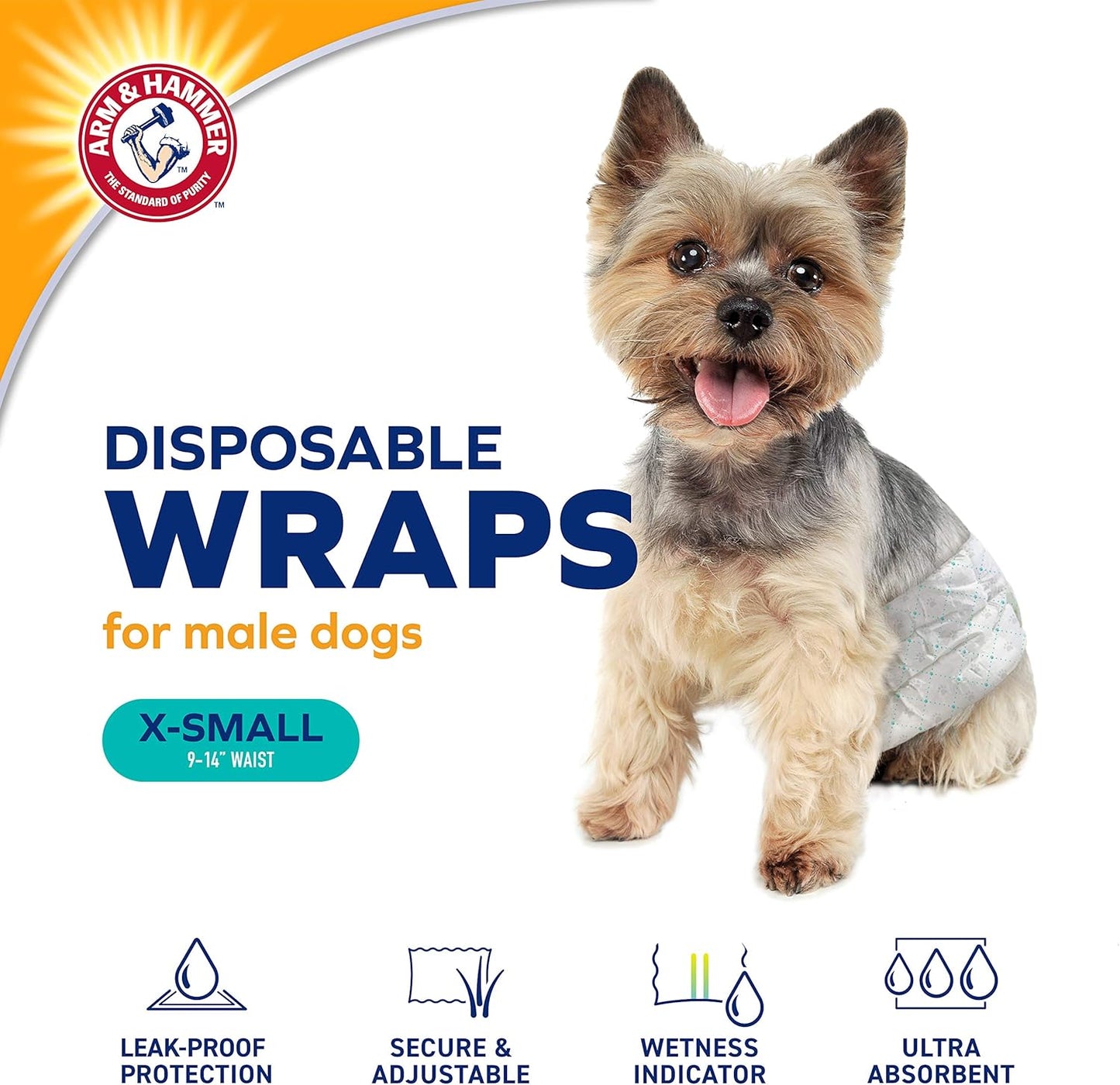 Arm & Hammer for Pets Male Dog Wraps, X-Small, Super Absorbent Dog Wraps for Male Dogs Arm & Hammer Baking Soda Enhanced Dog Wraps for Odor Control (Pack of 6, 72 Count Total)