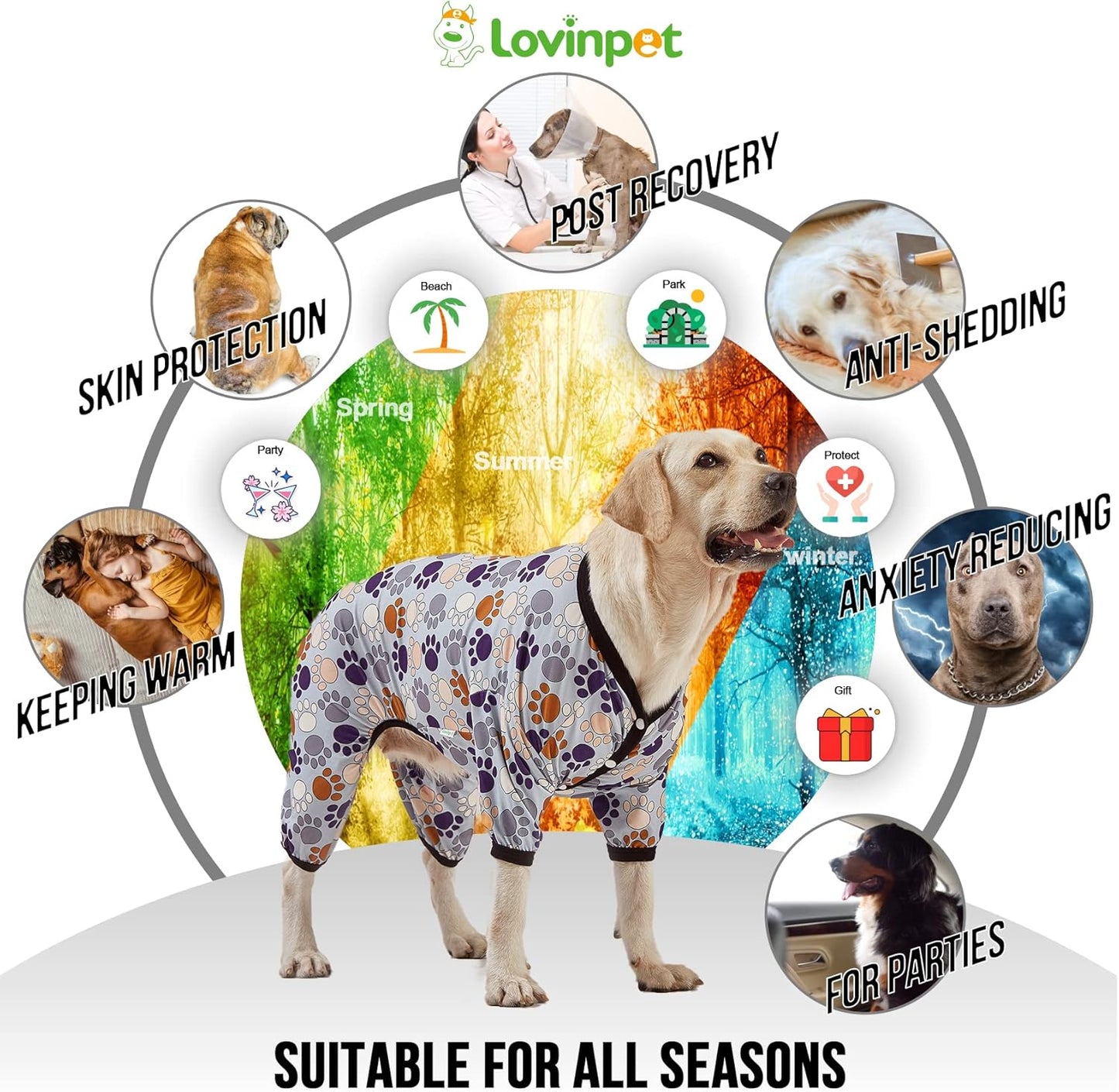 LovinPet Large Breeds Dog Onesies - Dog Pajamas, Lightweight Stretchy Fabric, Dog Long Sleeve Shirt, Paw-Some Steel Gray Print, Dog Jumpsuit, UV Protection, Pet PJ's /3XL